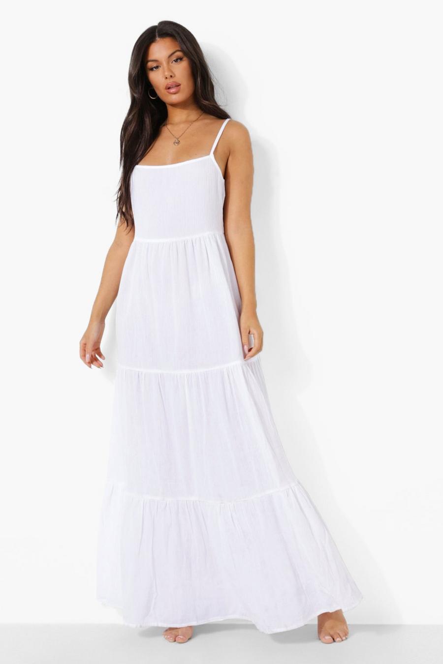 White Strappy Long Cheesecloth Beach Dress image number 1