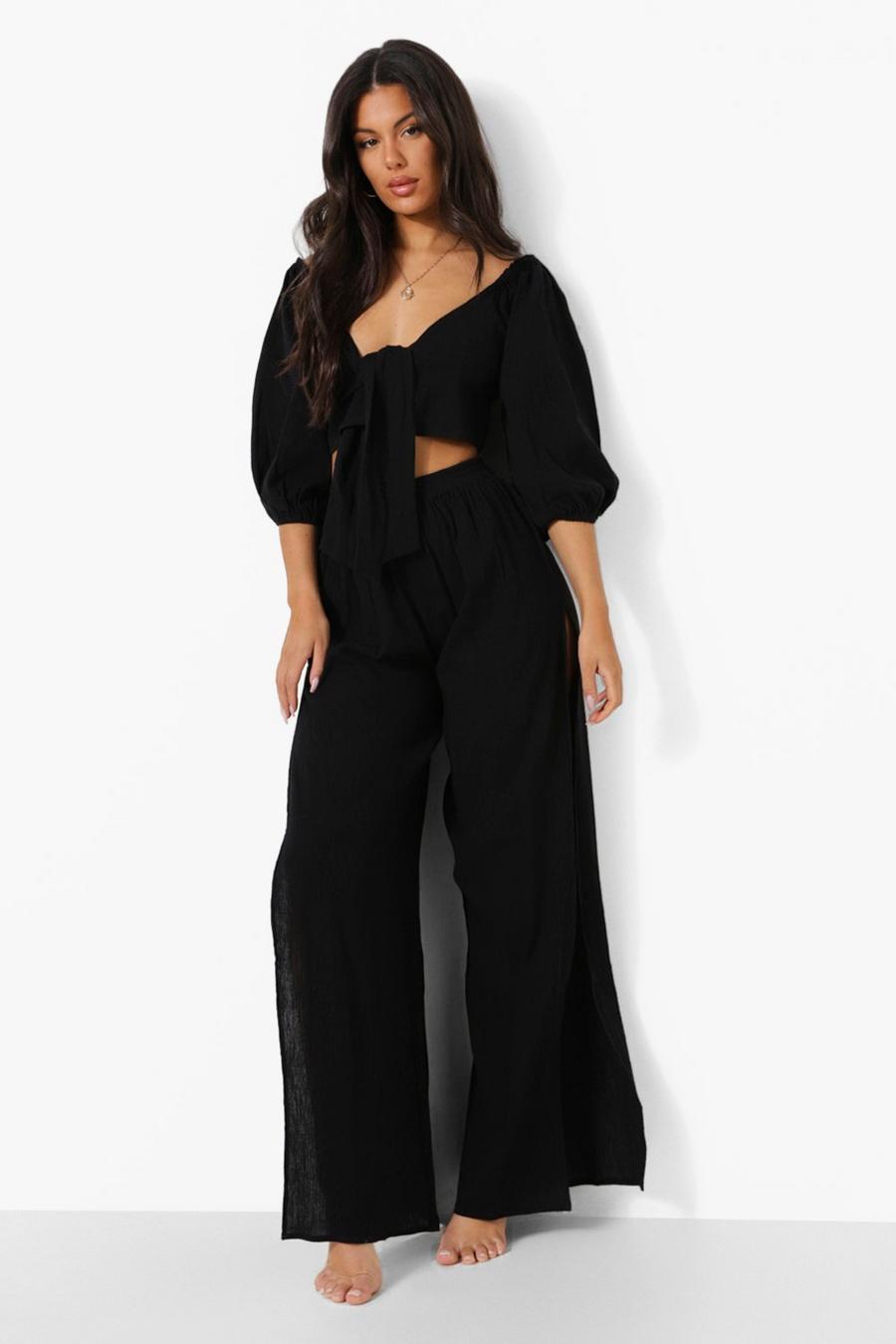 Black Cheesecloth Side Splits Beach Trouser image number 1