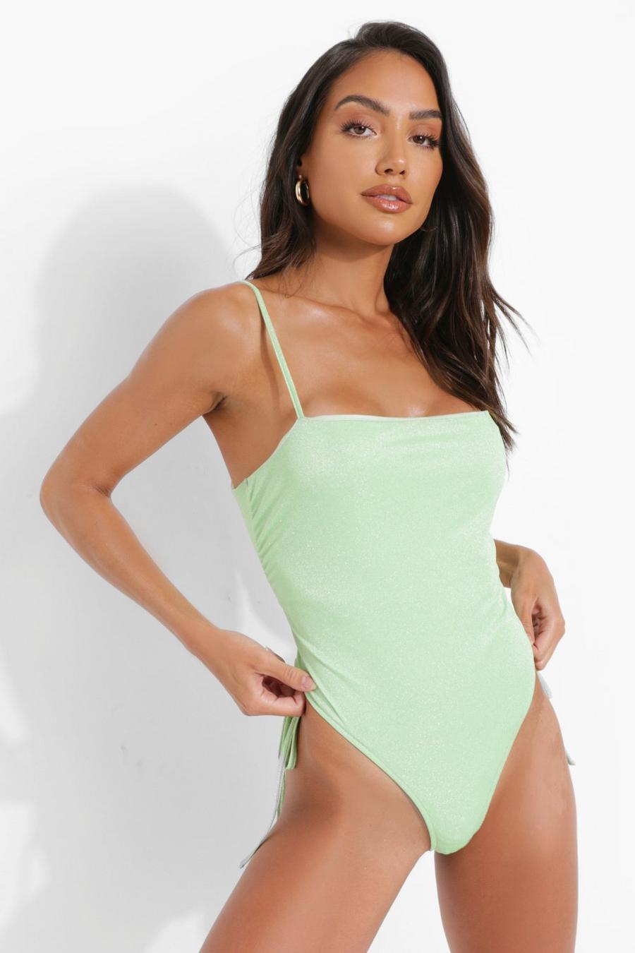 Mint Glitter Square Neck Ruched Swimsuit image number 1