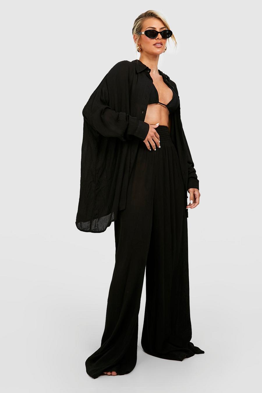 Black Shirred Waist Woven Wide Leg Beach Trousers image number 1
