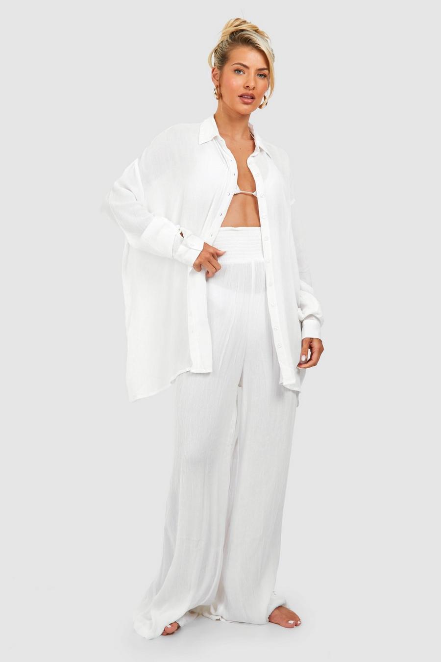 Ivory white Shirred Waist Woven Wide Leg Beach Trousers image number 1
