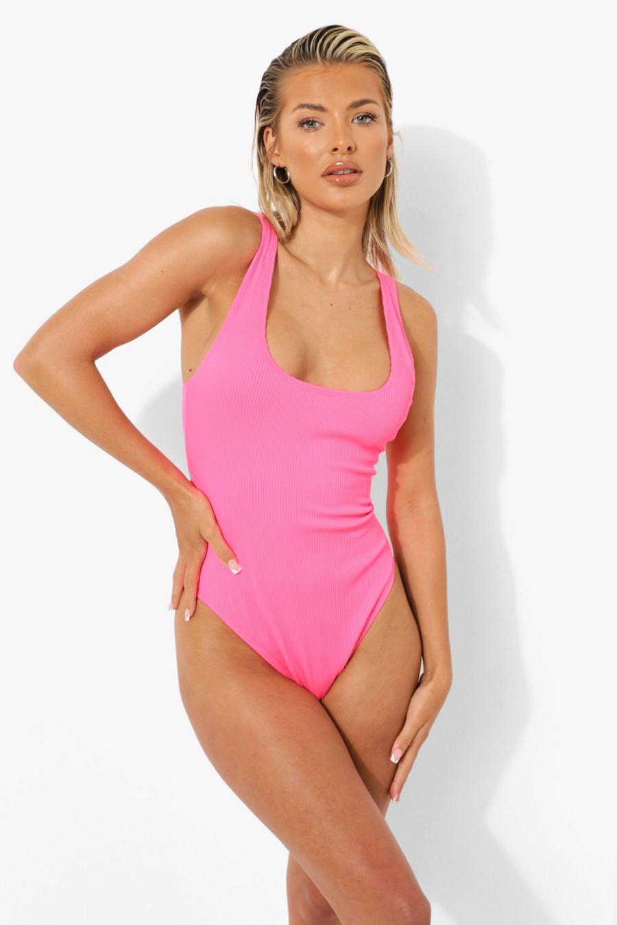Pink Ribbed Scoop Swimsuit image number 1