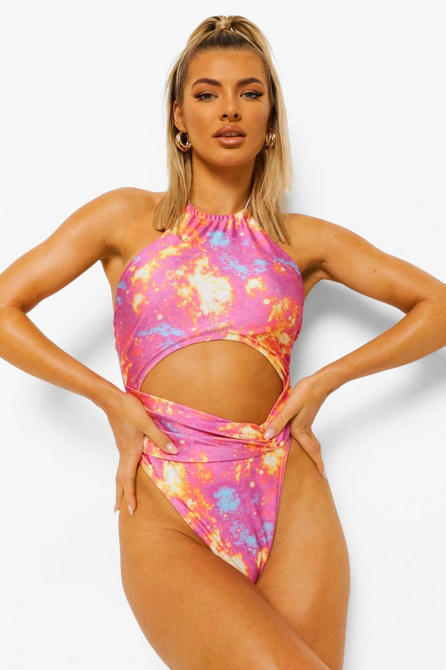 Pink Star Galaxy Print High Neck Twist Swimsuit image number 1