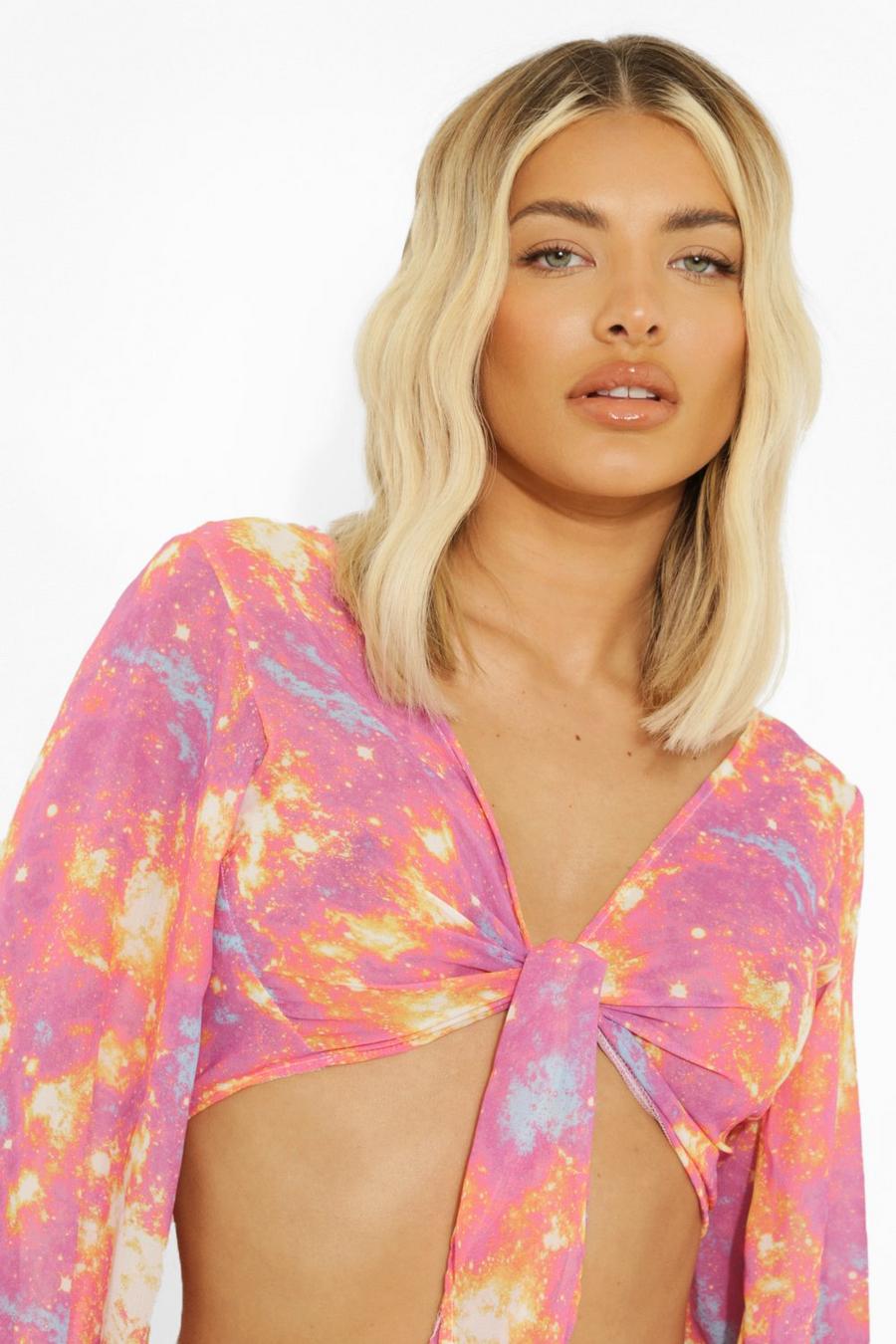 Pink Star Galaxy Print Tie Front Chiffon Beach Top image number 1