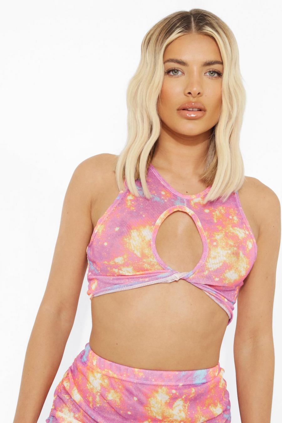 Pink Knitted Star Print Galaxy Top and Skirt Beach Co-ord image number 1