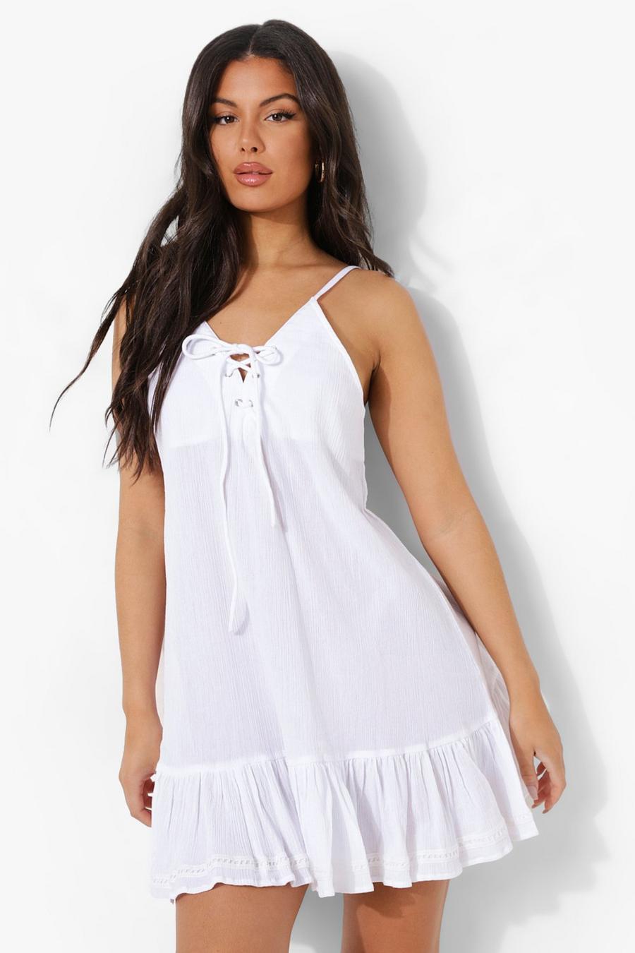White Cheesecloth Lace Up Frill Beach Dress image number 1