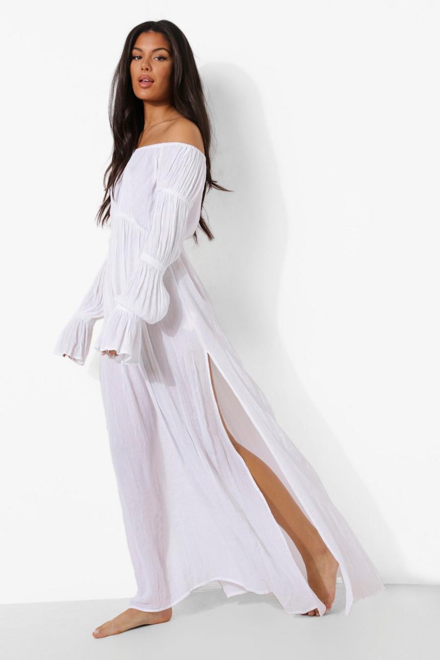White Cheese Cloth Off The Shoulder Shirred Sleeve Beach Maxi image number 1