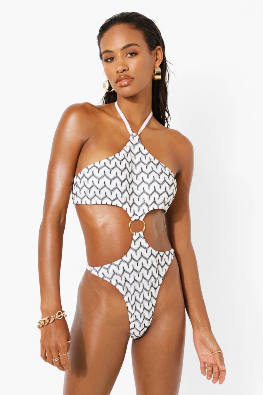 White Jacquard Ring Detail Cut Out Swimsuit image number 1