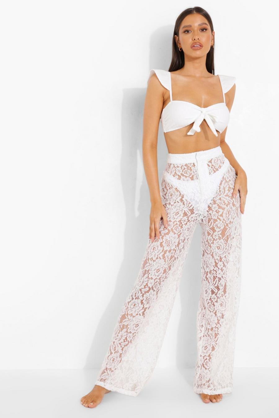 White Bride Wide Leg Lace Resort Trousers image number 1