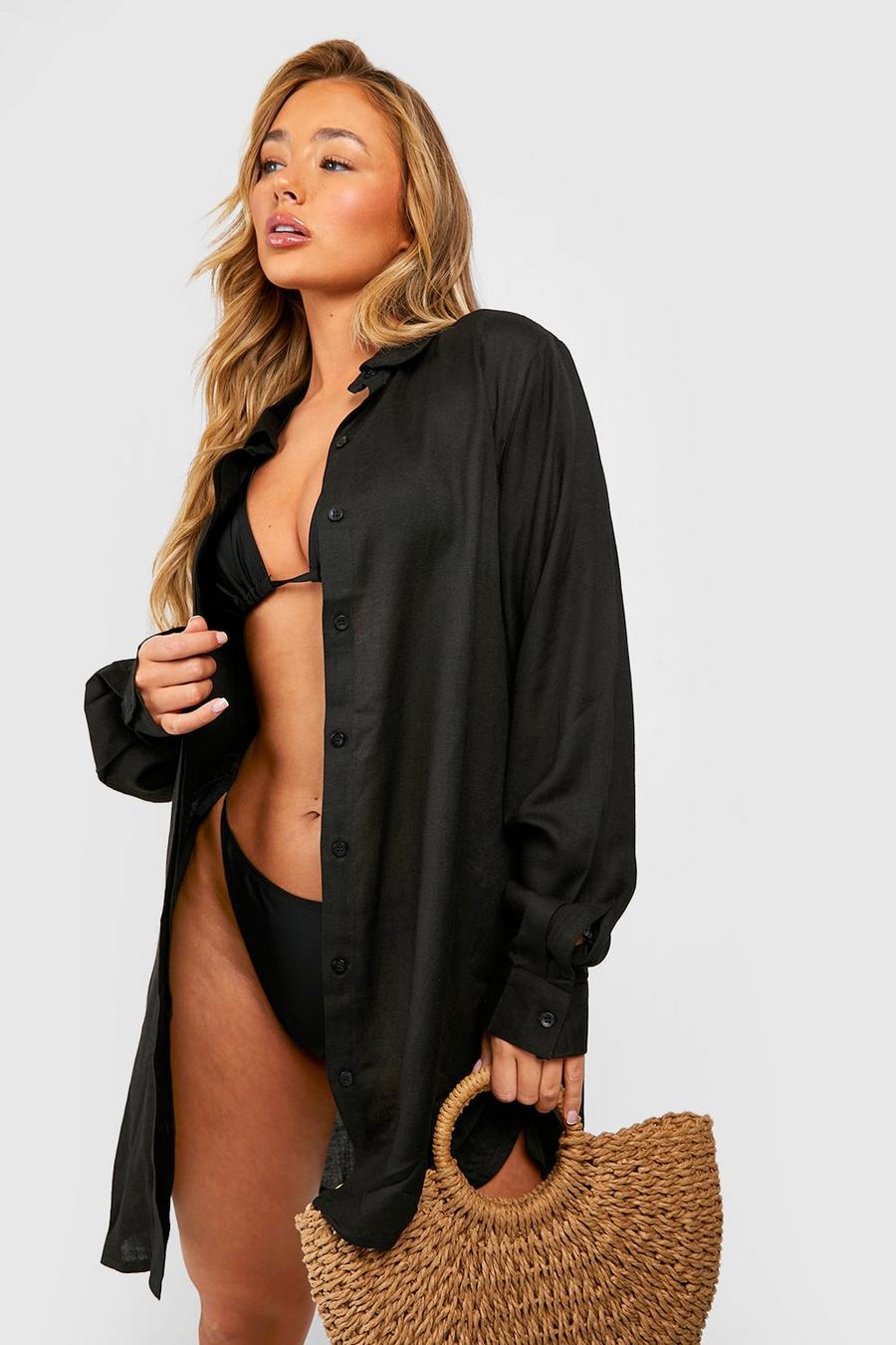 Black Essentials Oversized Linen Look Beach Shirt Introduces image number 1