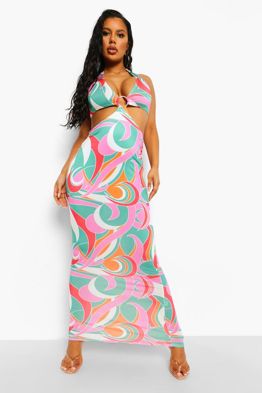 Pink Printed O-ring Cut Out Beach Maxi Dress image number 1