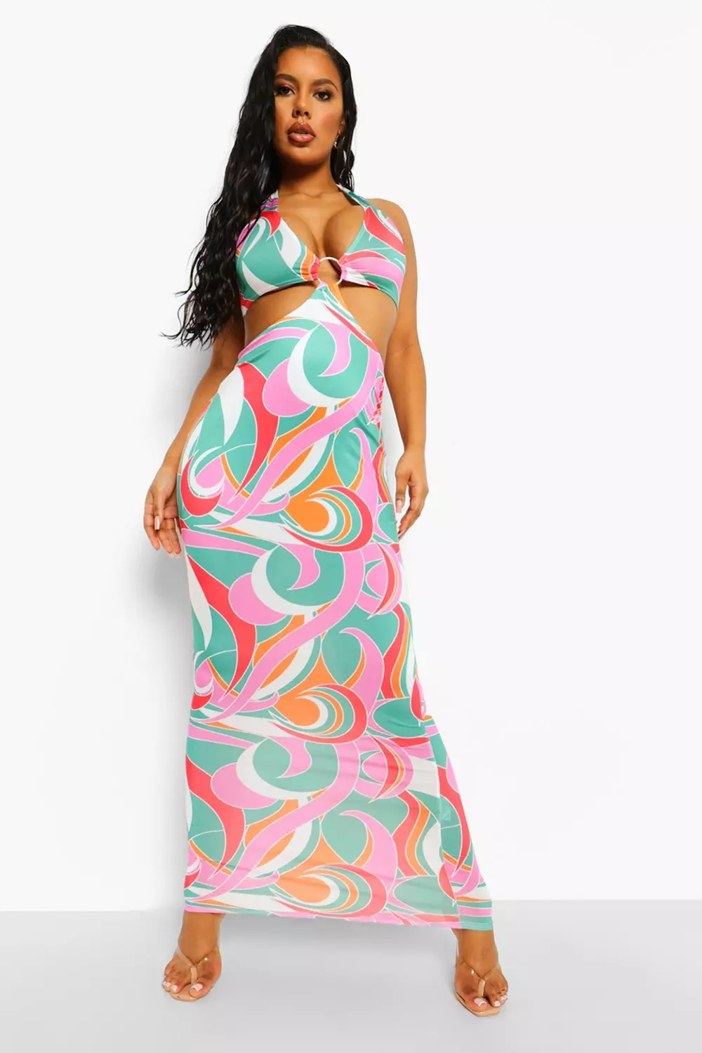 Women S Printed O Ring Cut Out Beach Maxi Dress Boohoo Uk