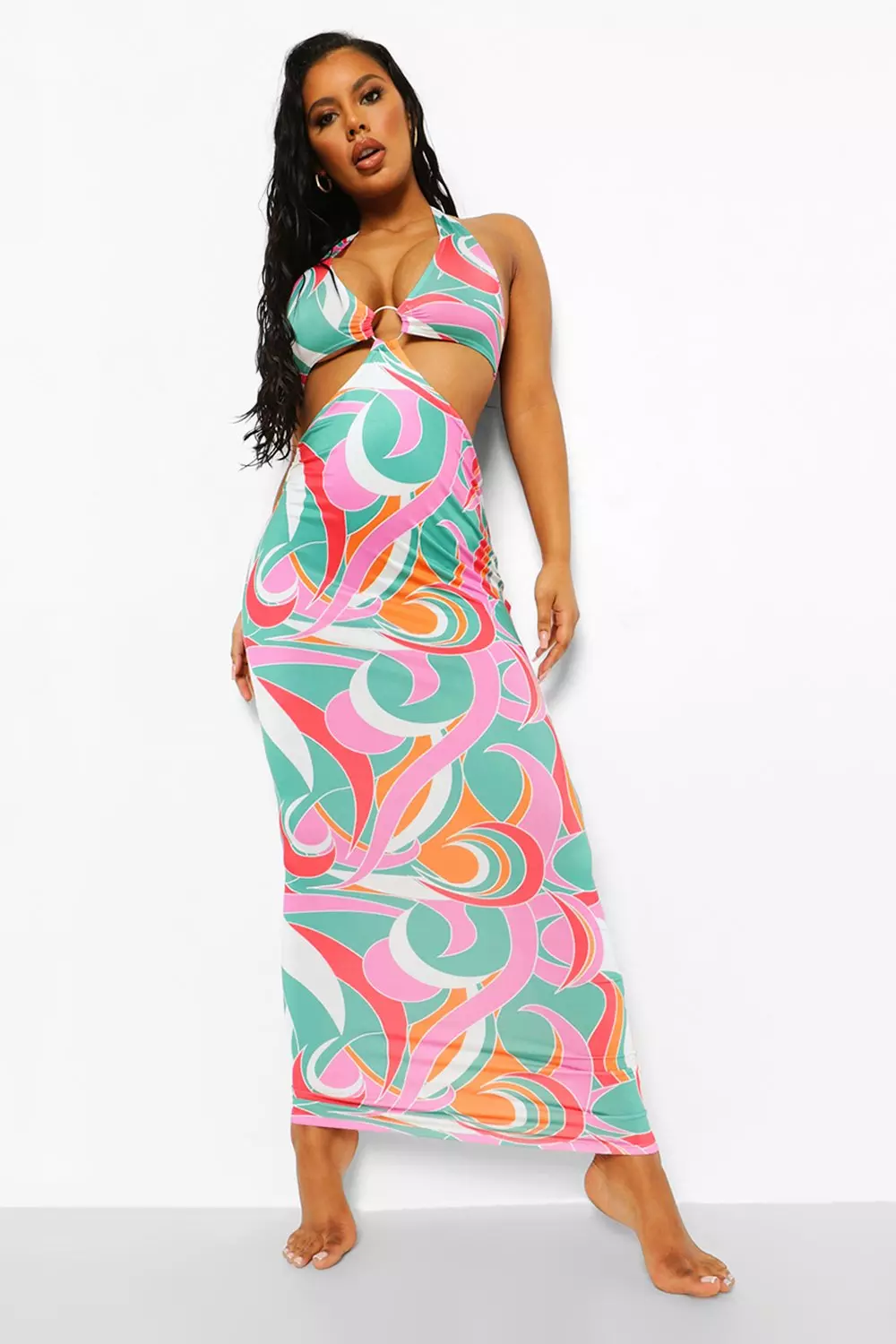 Printed O Ring Cut Out Beach Maxi Dress Boohoo