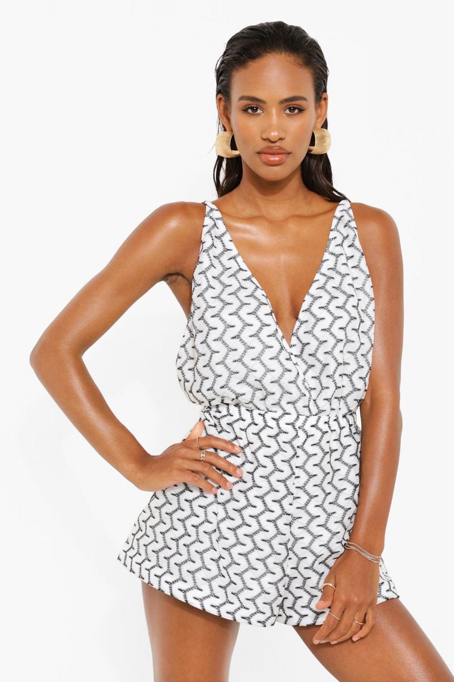 White Jacquard Strappy Beach Playsuit image number 1