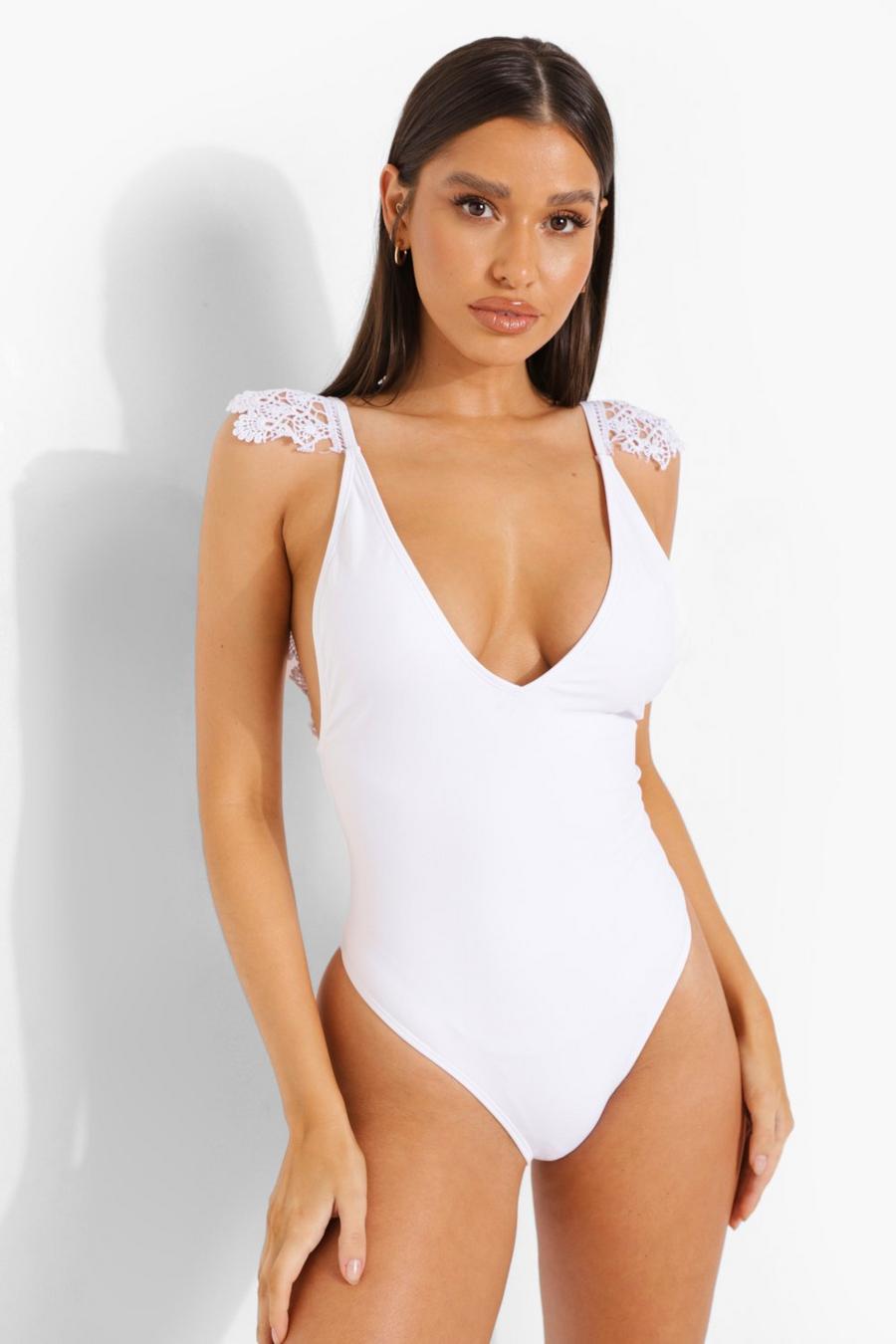 White Bride Detail Strap Plunge Swimsuit image number 1