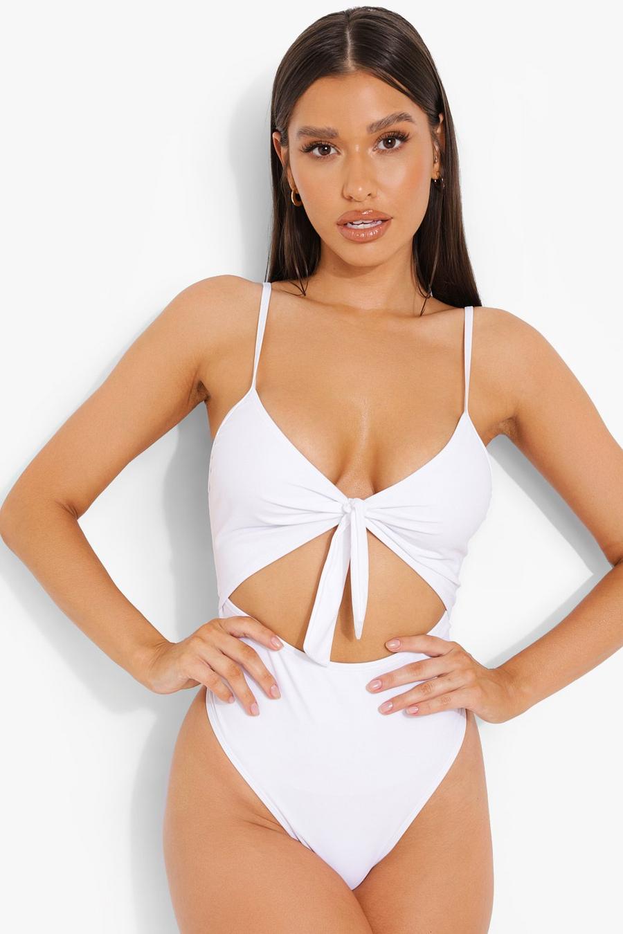 White Bride Tie Front Cut Out Swimsuit image number 1