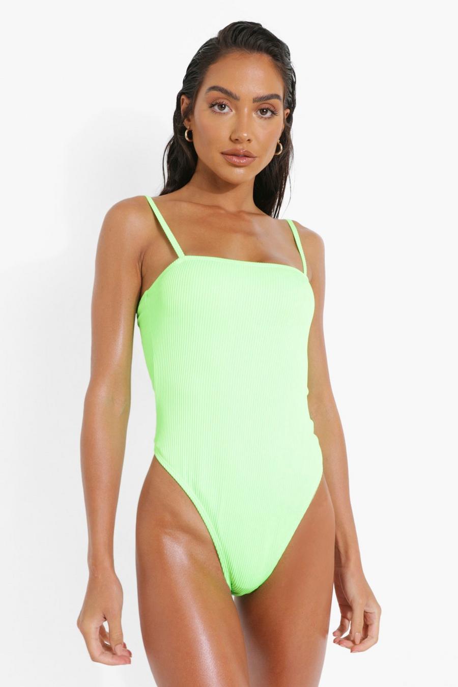 Green Ribbed Square Neck High Leg Swimsuit image number 1