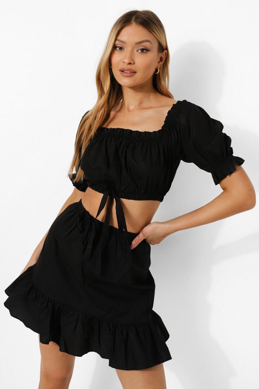 Black Cotton Ruched Top and Mini Skirt Co-ord image number 1