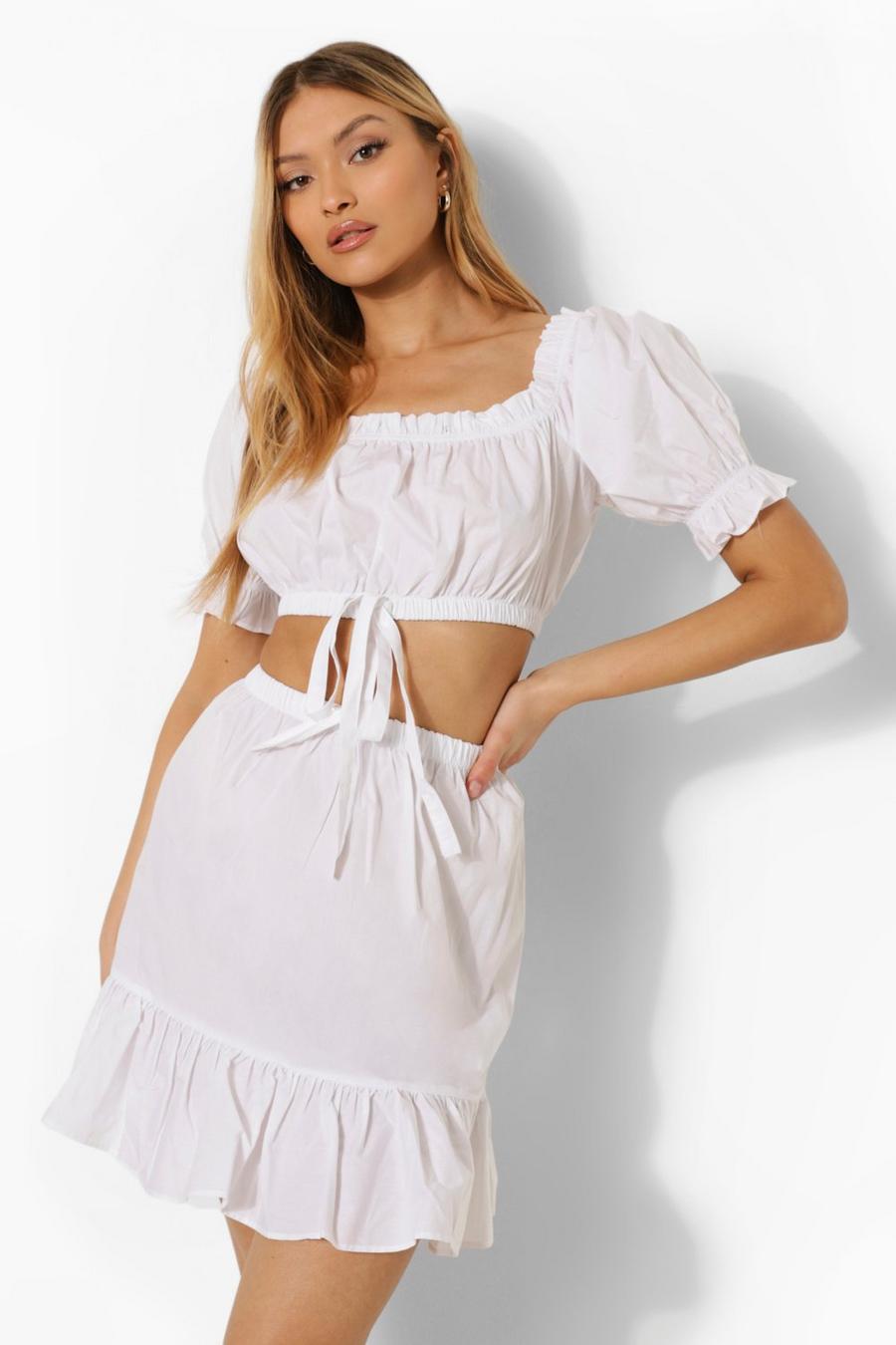 White Cotton Ruched Top and Mini Skirt Co-ord image number 1