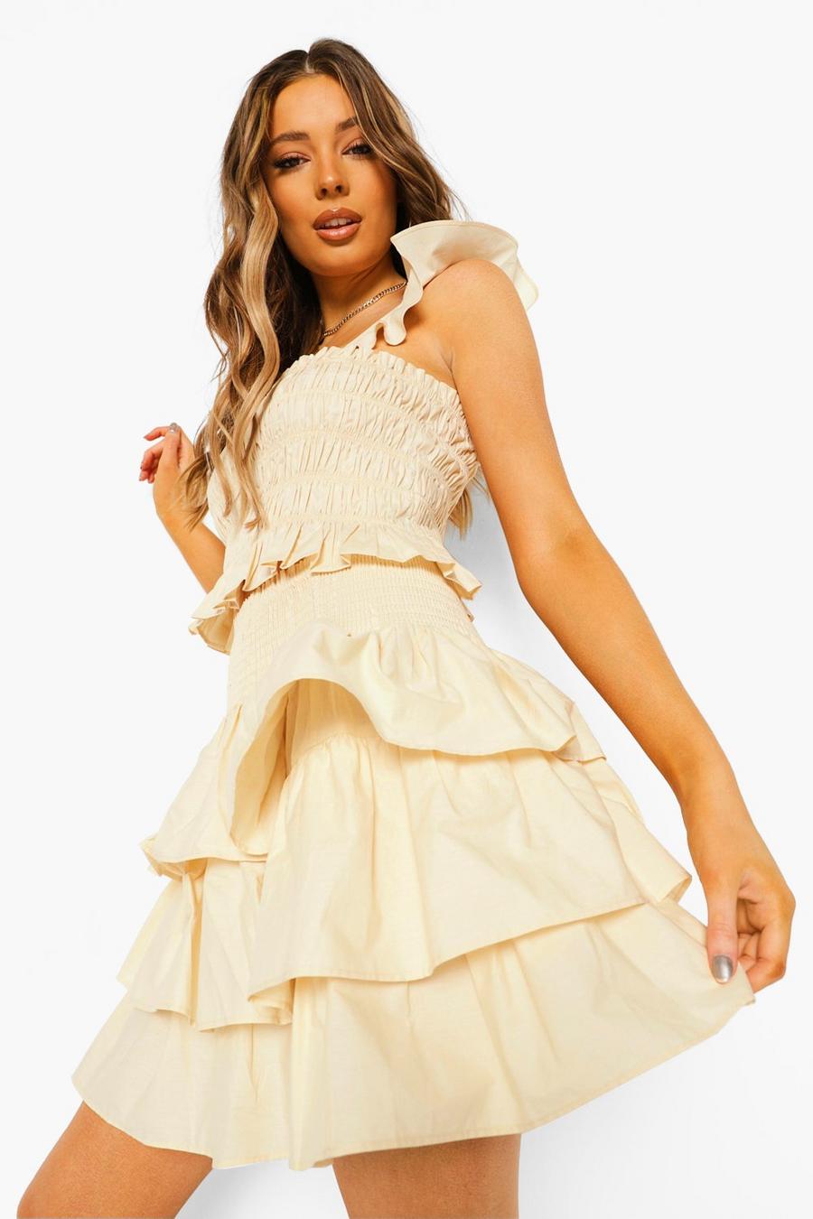Stone beige Cotton Shirred Top & Ruffle Skirt Co-ord
