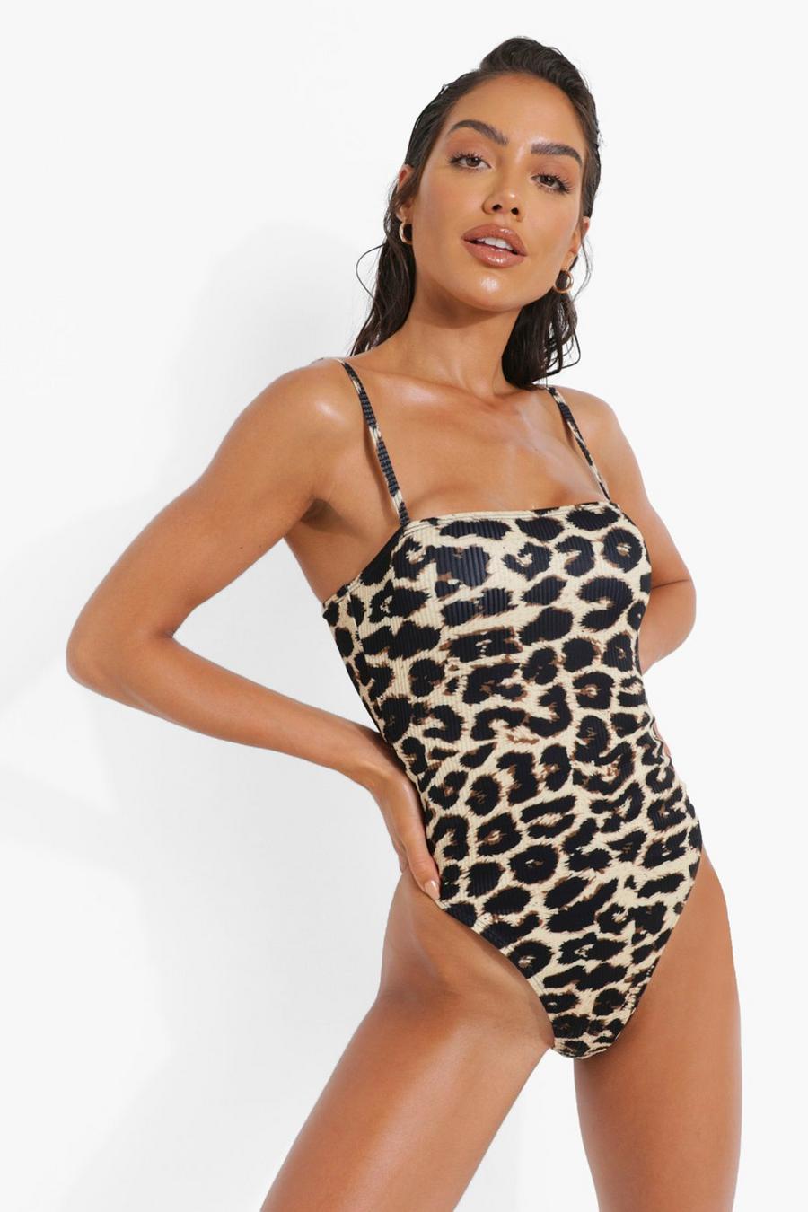 Brown Leopard Ribbed Square Neck High Leg Swimsuit image number 1
