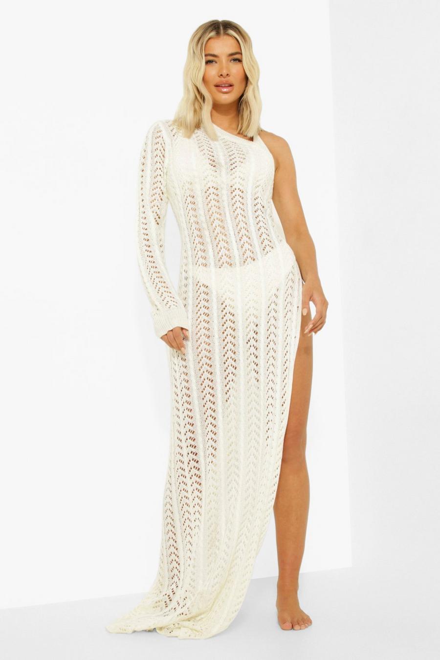 White Crochet One Shoulder Maxi Split Beach Dress image number 1