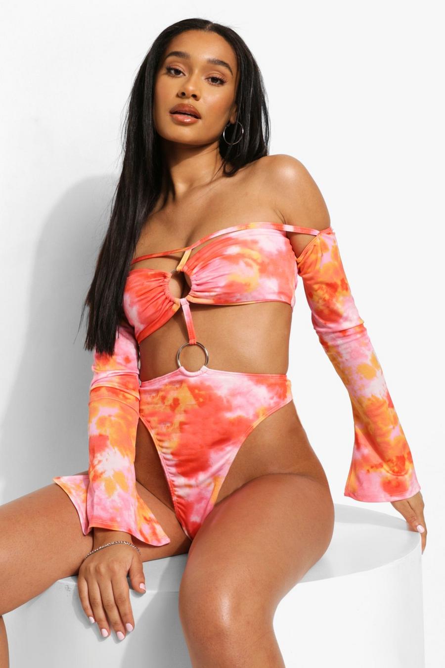 Coral Tie Dye O Ring Bardot Swimsuit image number 1