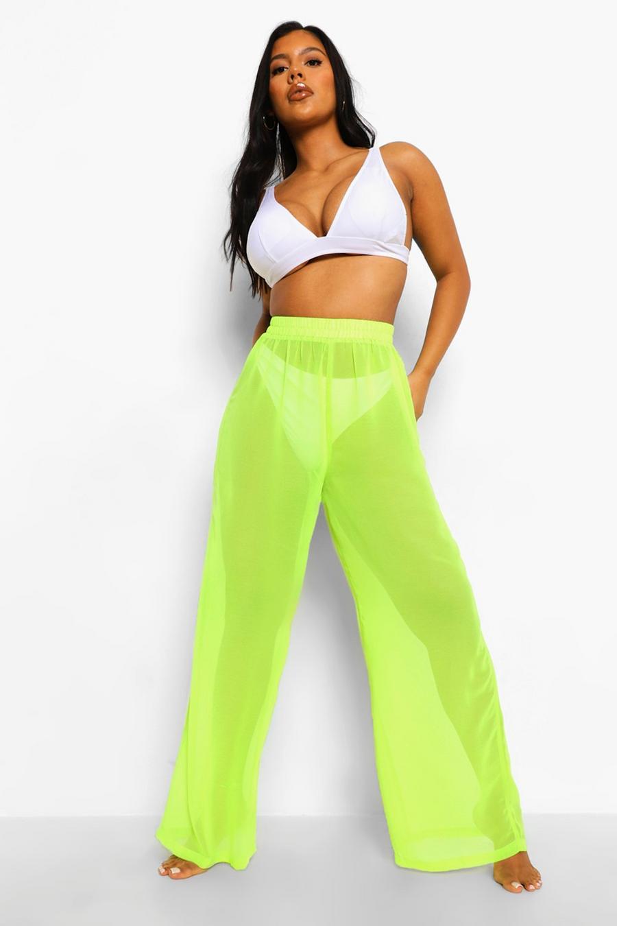 Neon-lime Chiffon Wide Leg Beach Pants image number 1