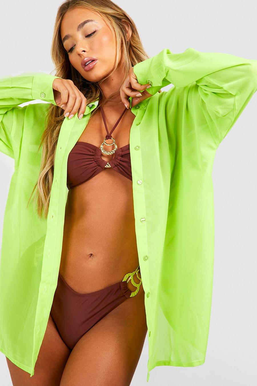 Neon-lime Oversize strandskjorta i chiffong image number 1