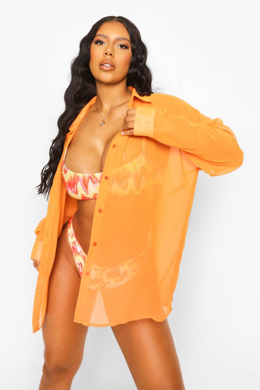 Neon-orange Essentials Chiffon Oversized Beach Shirt image number 1