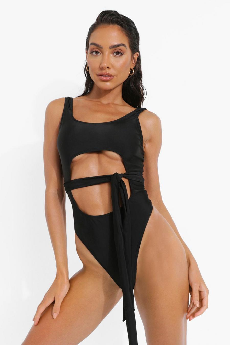 Black Scoop Cut Out Belted Swimsuit image number 1