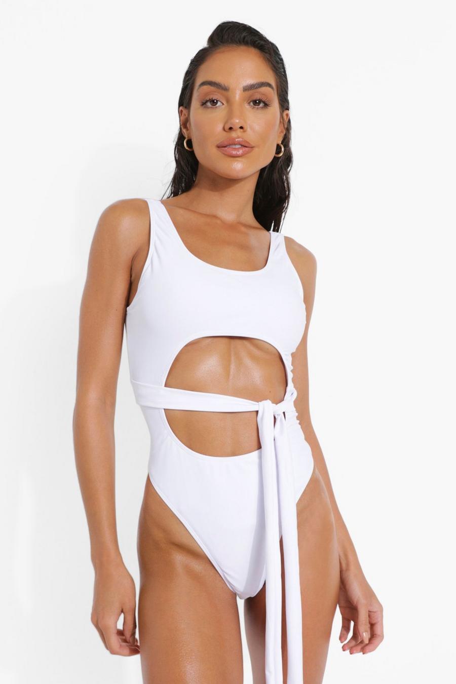White Scoop Cut Out Belted Swimsuit image number 1