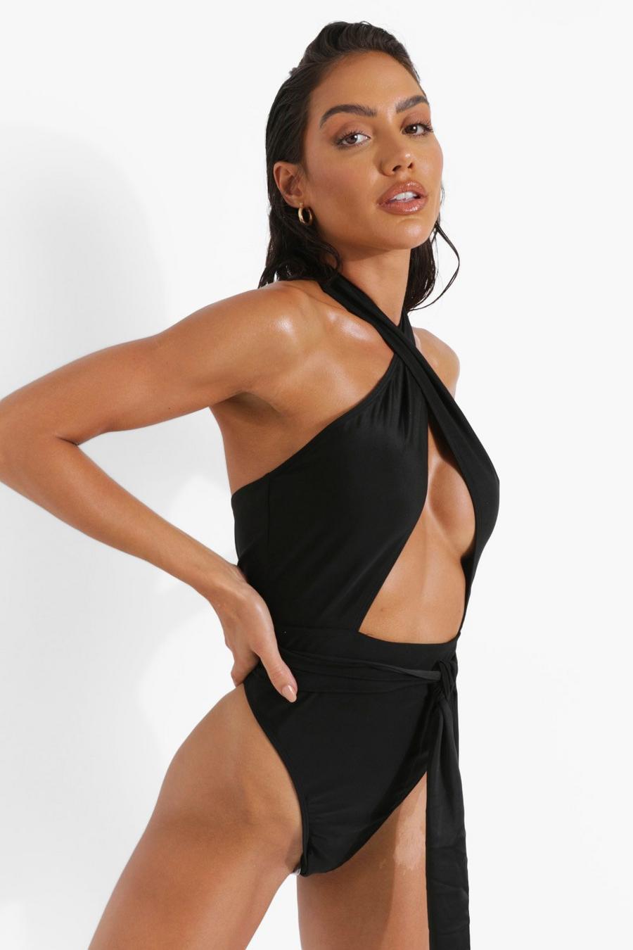 Black Halterneck Cut Out Belted Swimsuit image number 1