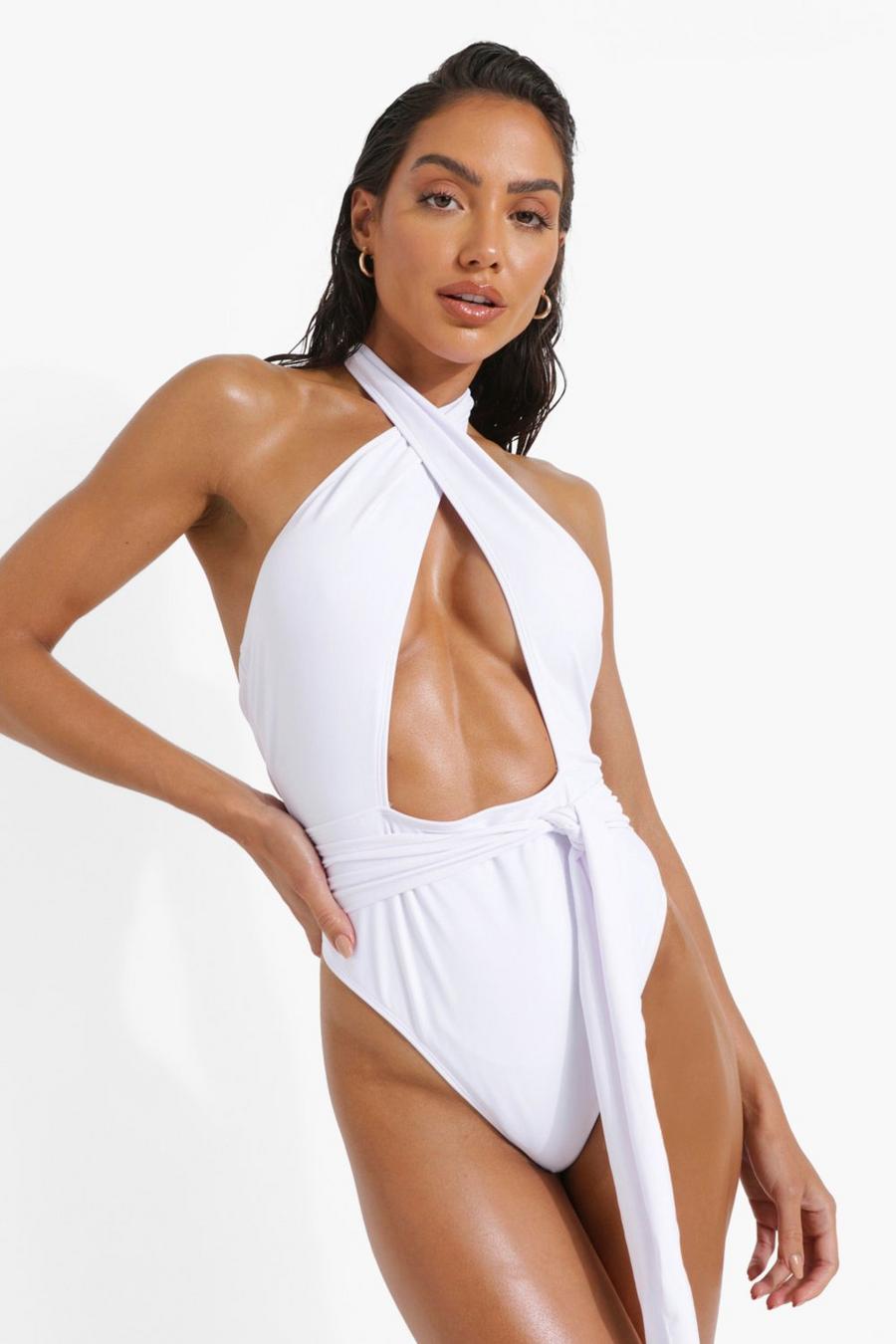 White Halter Cut Out Belted Swimsuit image number 1