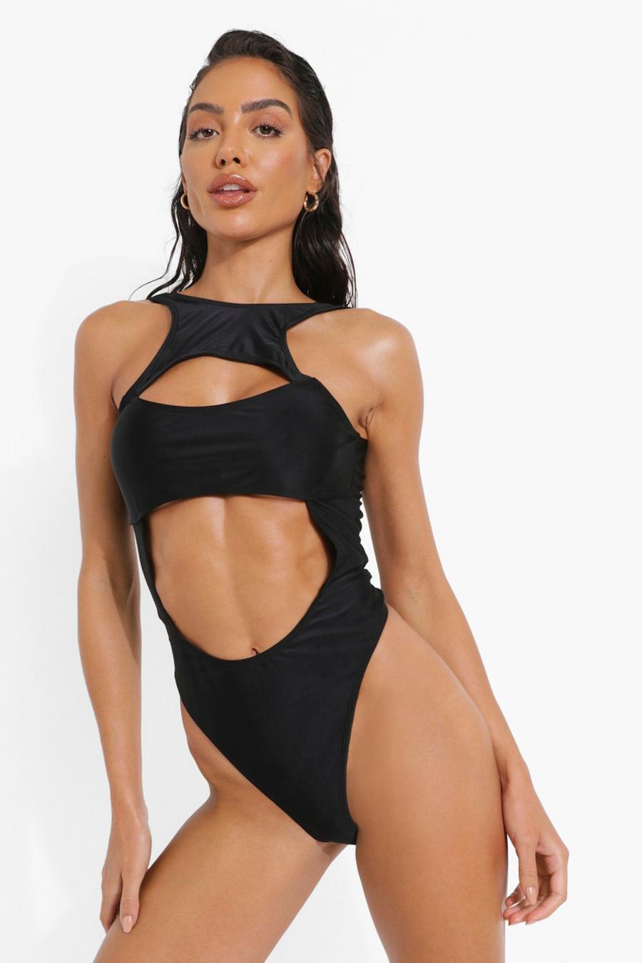 Black High Neck Racer Cut Out Swimsuit image number 1