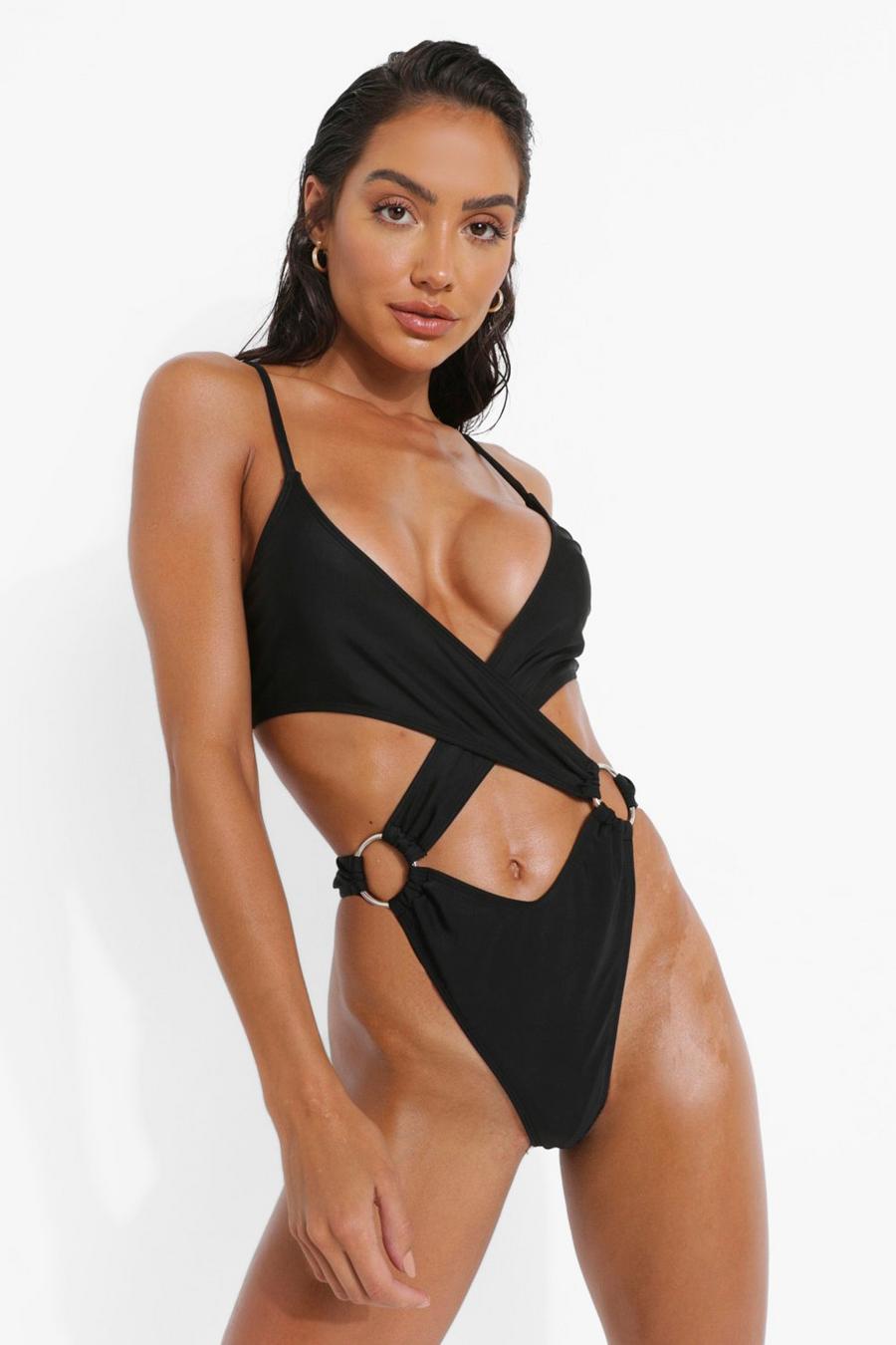 Black Plunge Cut Out Swimsuit image number 1