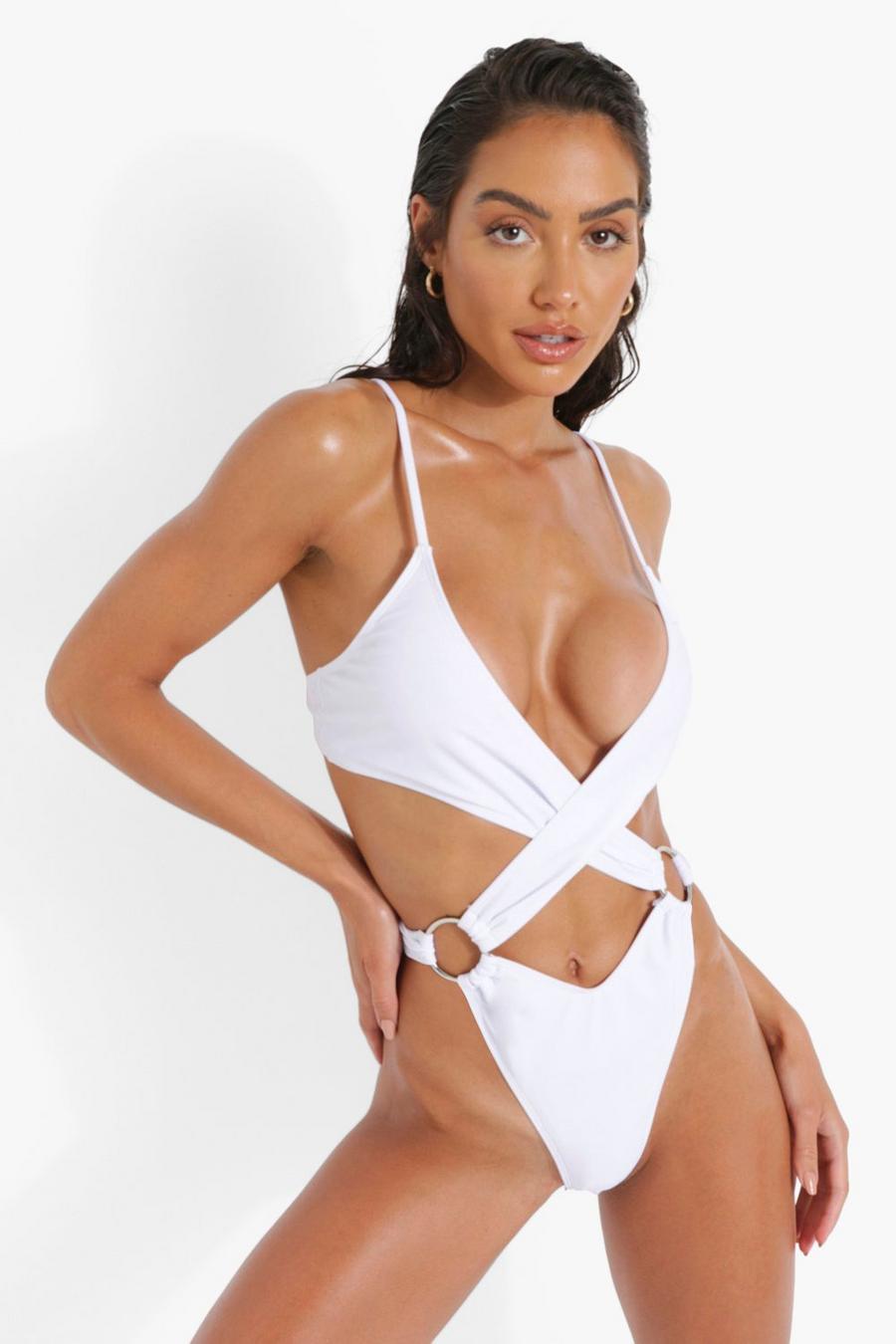 White Plunge Cut Out Swimsuit image number 1