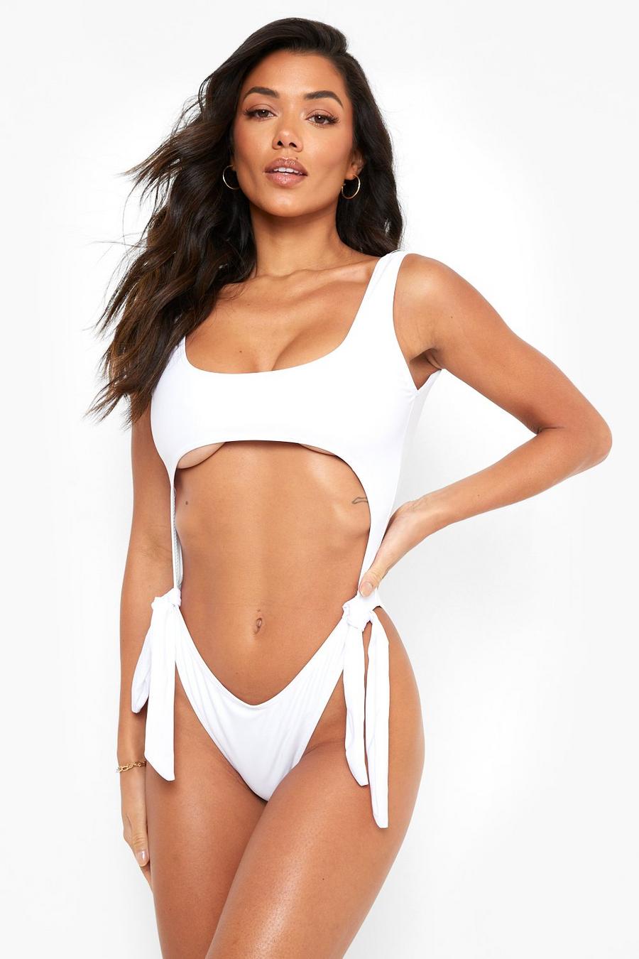 White Scoop Cut Out Tie Detail Swimsuit image number 1