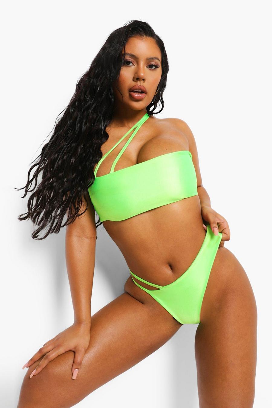 Lime One Shoulder Asymmetric Strappy Bikini Top image number 1