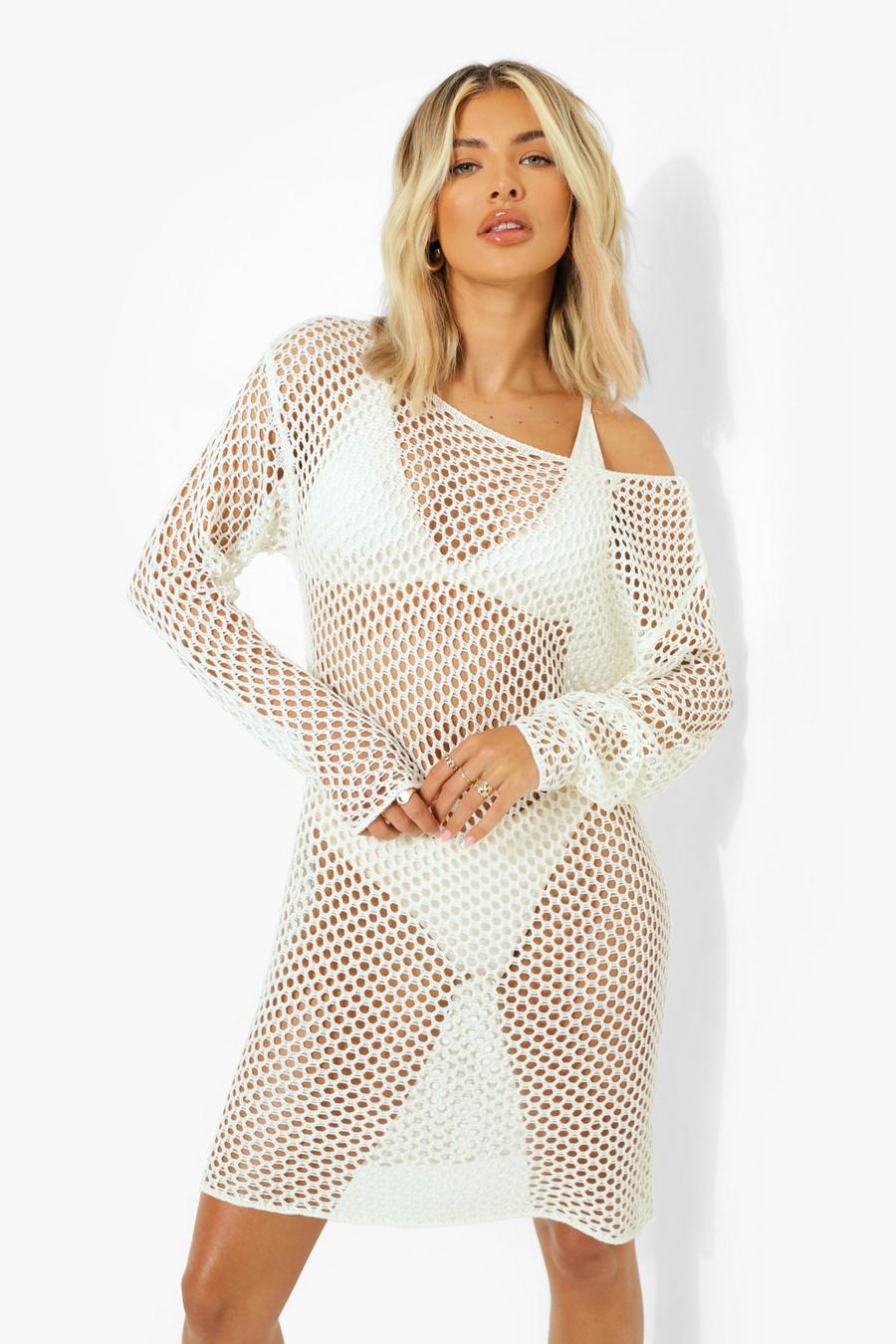 Vestido mini de playa de croché con escote barco, White image number 1
