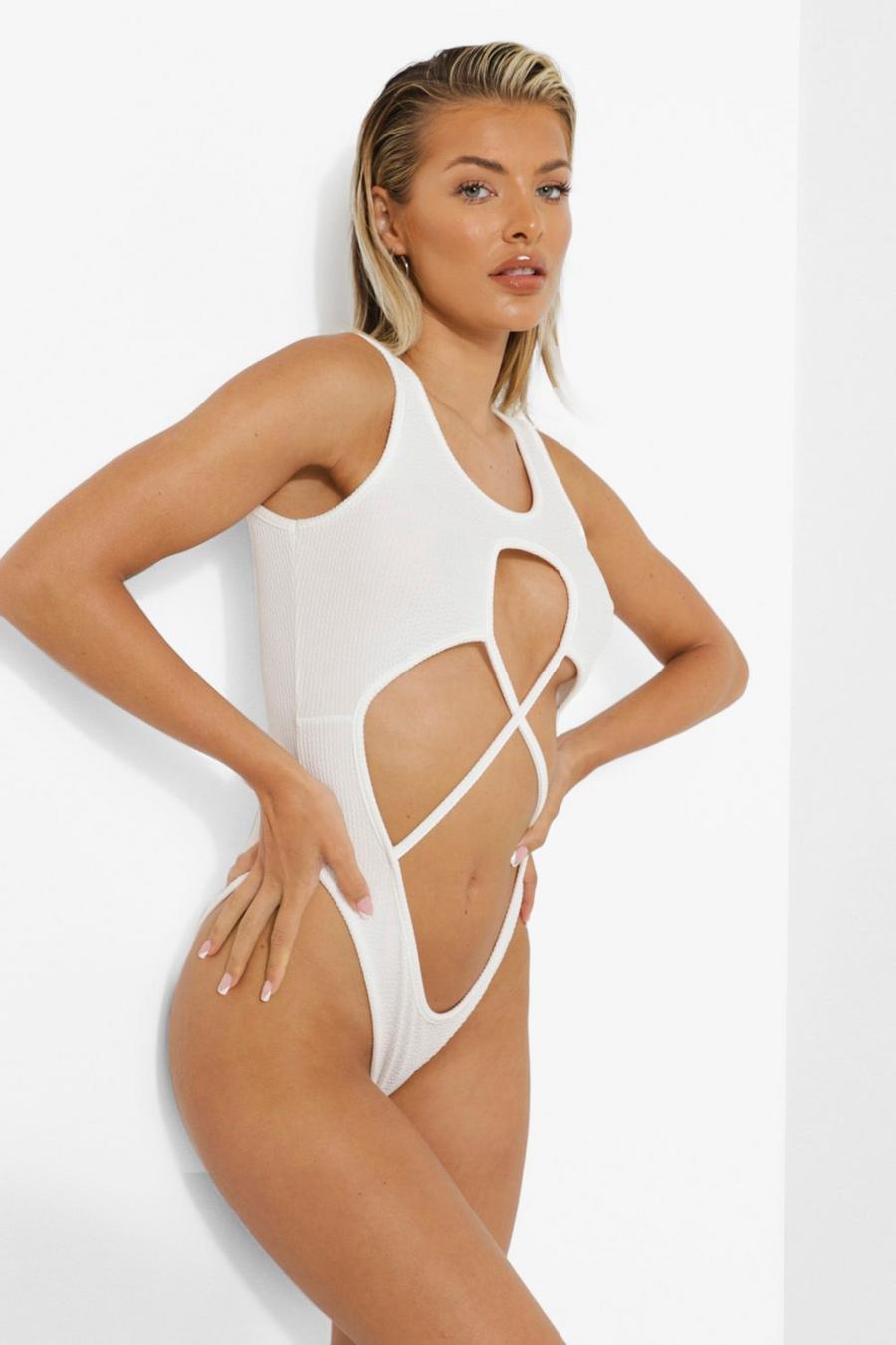 White Scoop Textured Rib Swimsuit image number 1