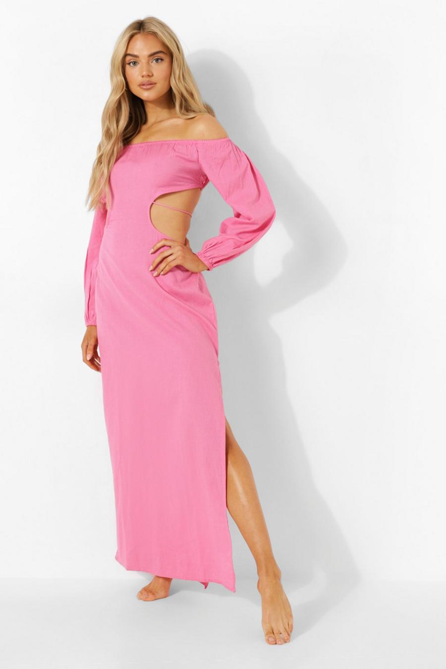 Washed pink Bardot Cut Out Maxi Beach Dress image number 1