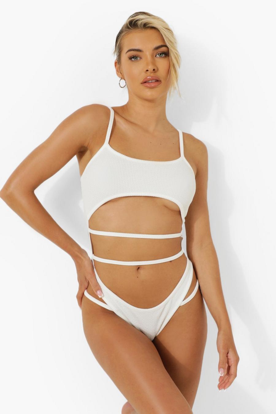 White Cut Out Strappy Textured Rib Swimsuit