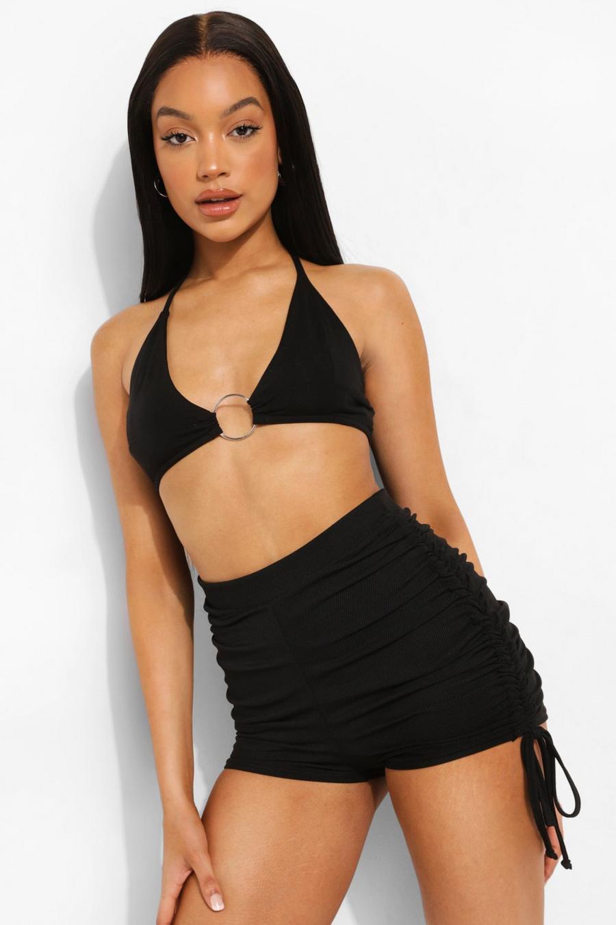 Black O-ring Strappy Beach Crop Top image number 1