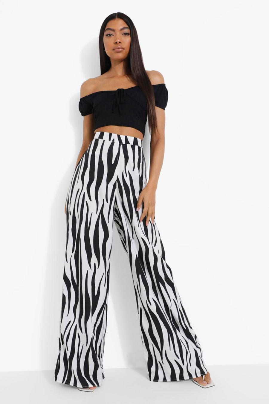 Black Tall Zebra Print Beach Trousers image number 1