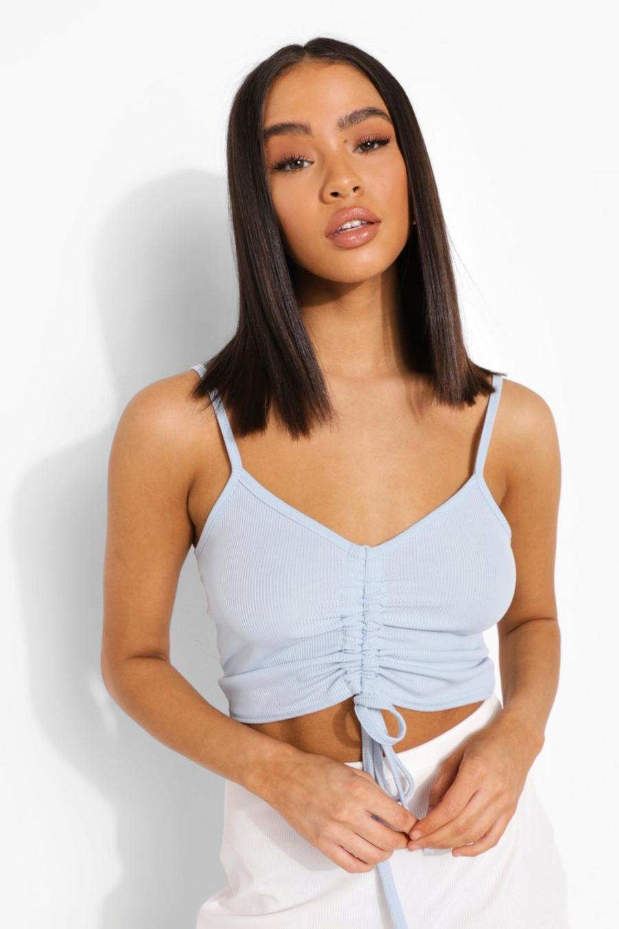 Powder blue Rib Ruched Strappy Beach Crop Top image number 1