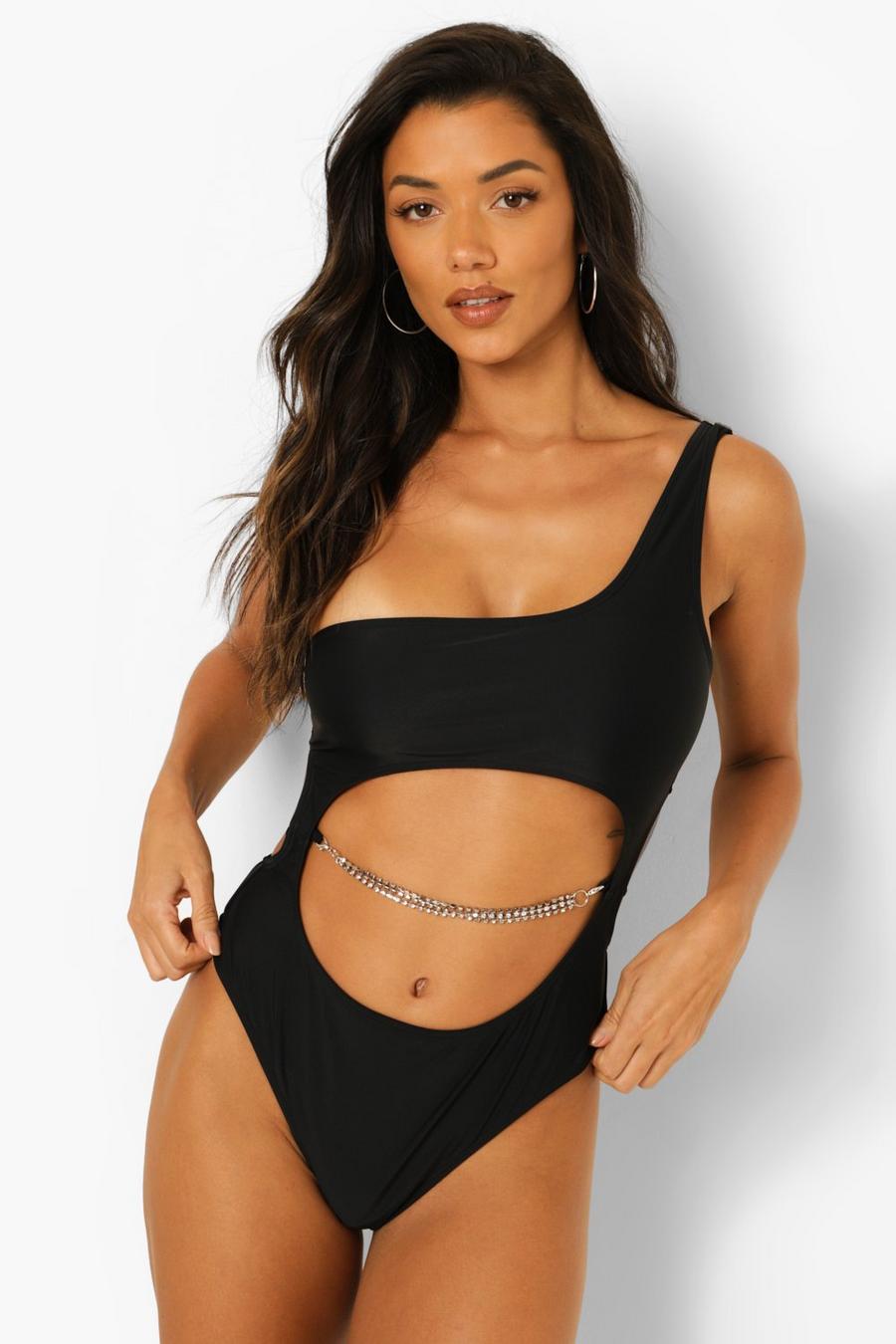 Black Diamante Chain Detail Cut Out Swimsuit image number 1