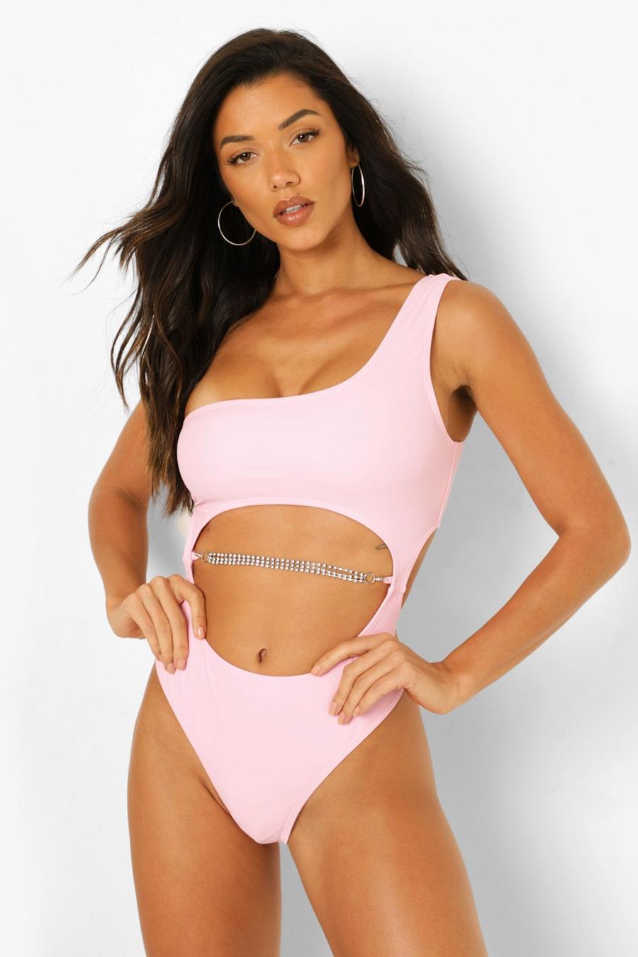 Pink Diamante Chain Detail Cut Out Swimsuit image number 1