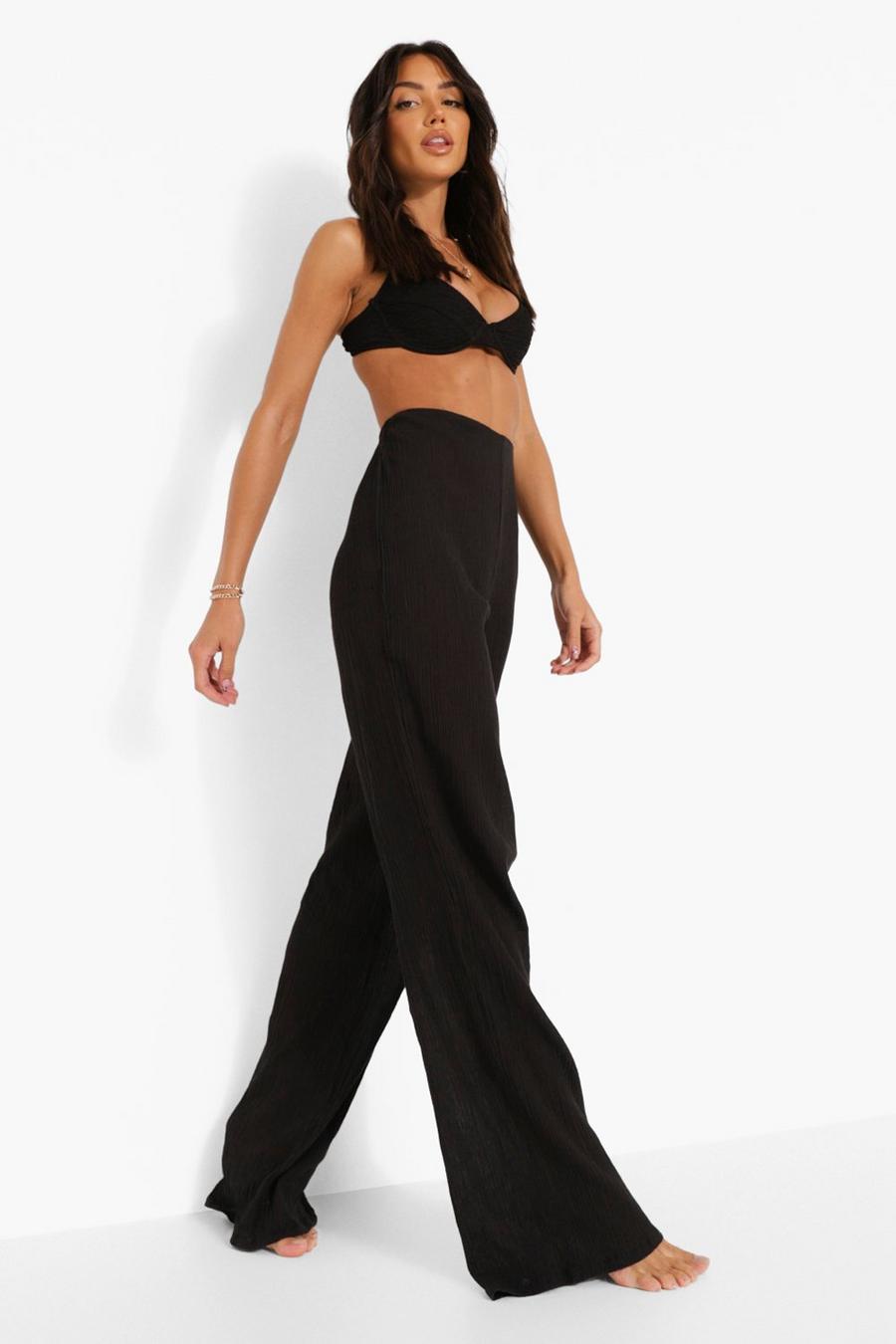 Black Cheesecloth Wide Leg Beach Trousers image number 1