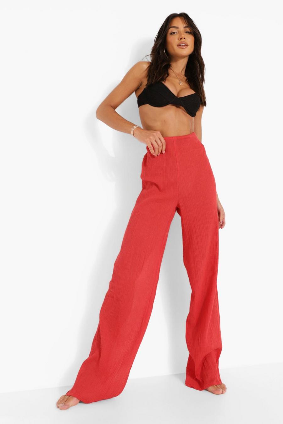 Red Cheesecloth Wide Leg Beach Pants image number 1
